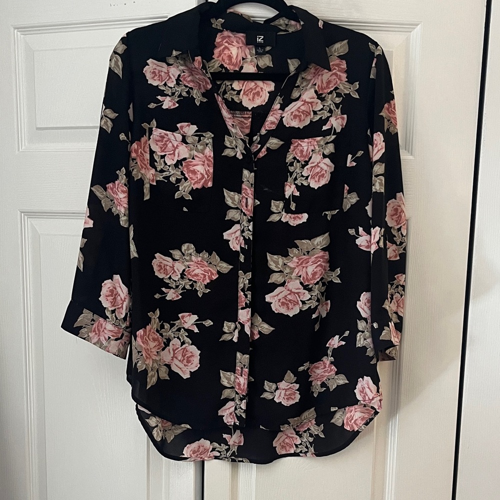 Iz Byer Black and Pink Floral Blouse
